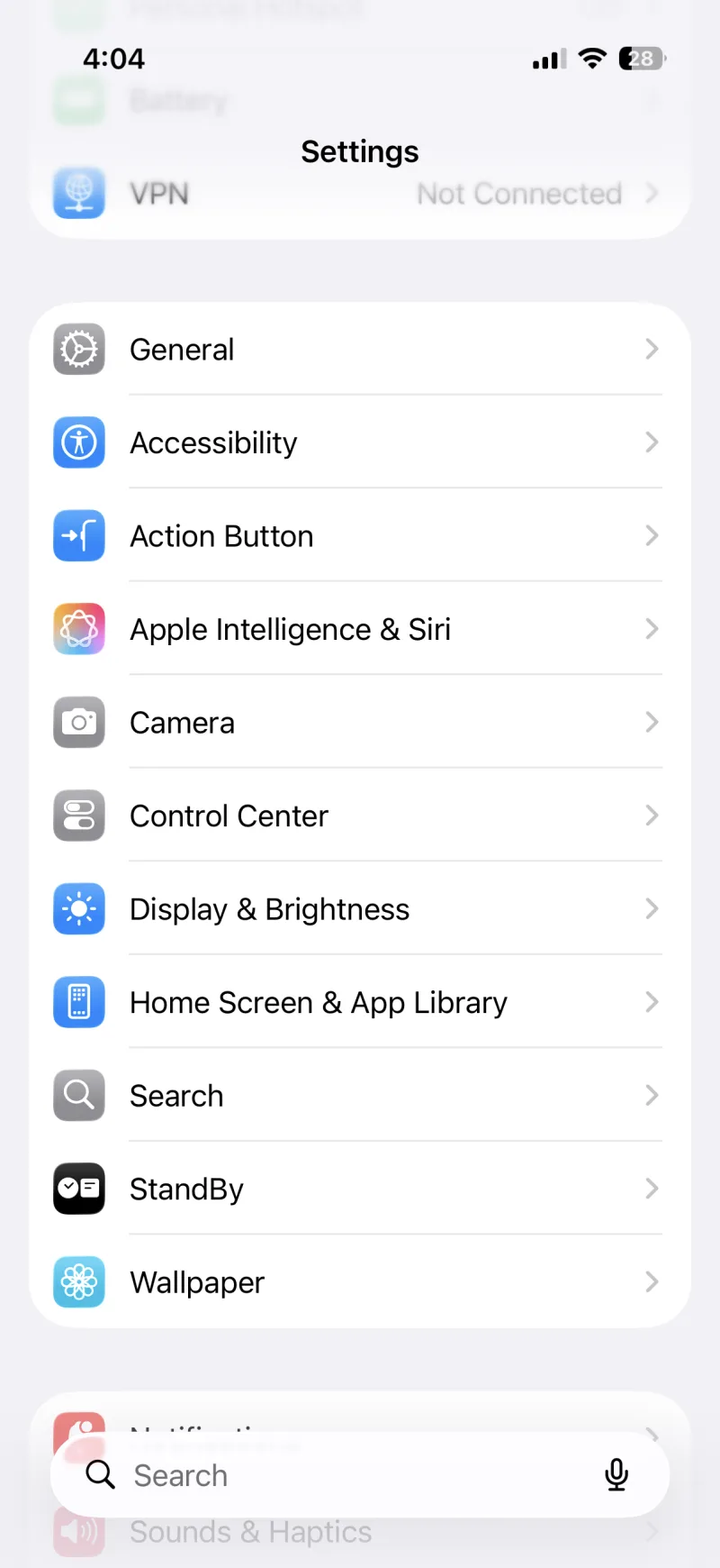 The Settings app with Action Button in the list