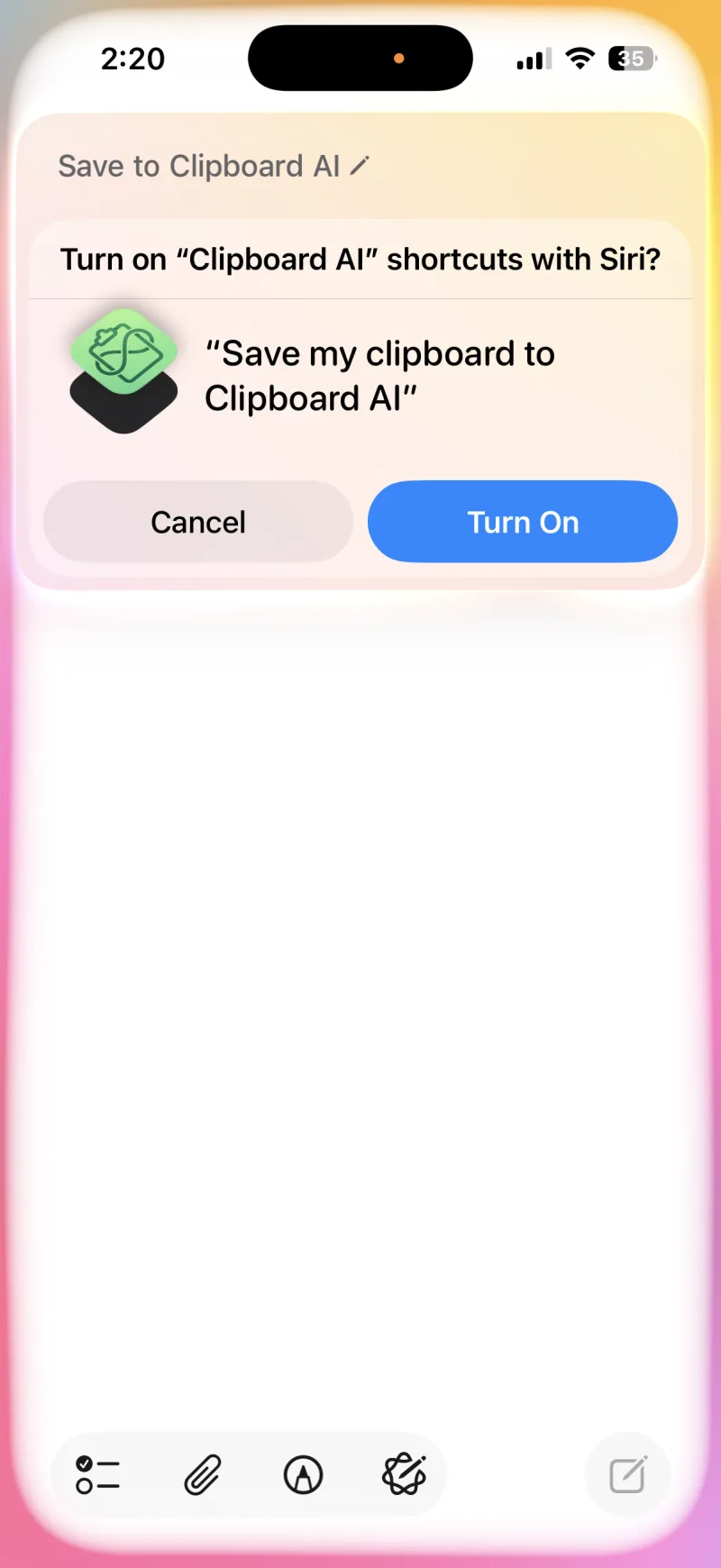 Siri asking to turn on Clipboard AI shortcuts, with a Turn On button