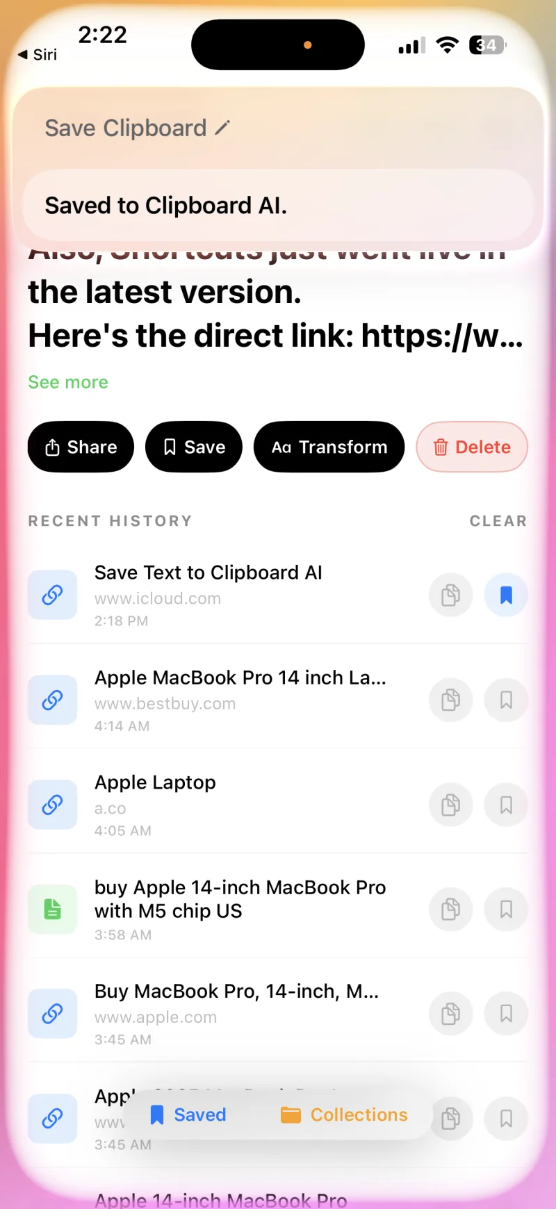Siri confirming Saved to Clipboard AI, with the clip showing in the app