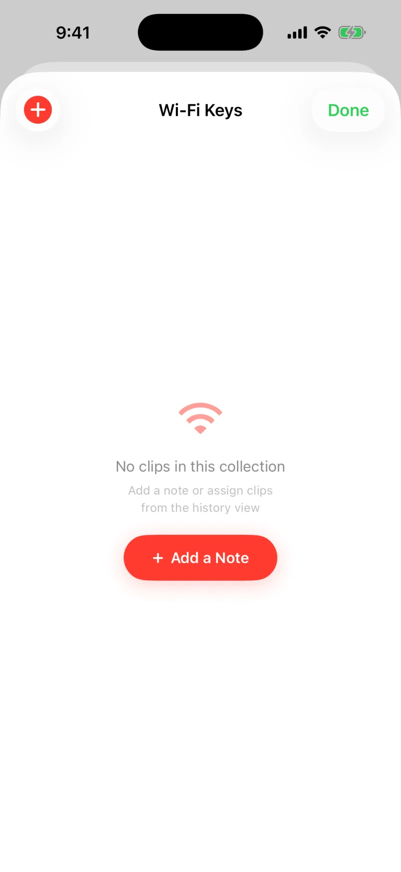 An empty Collection with an Add a Note button
