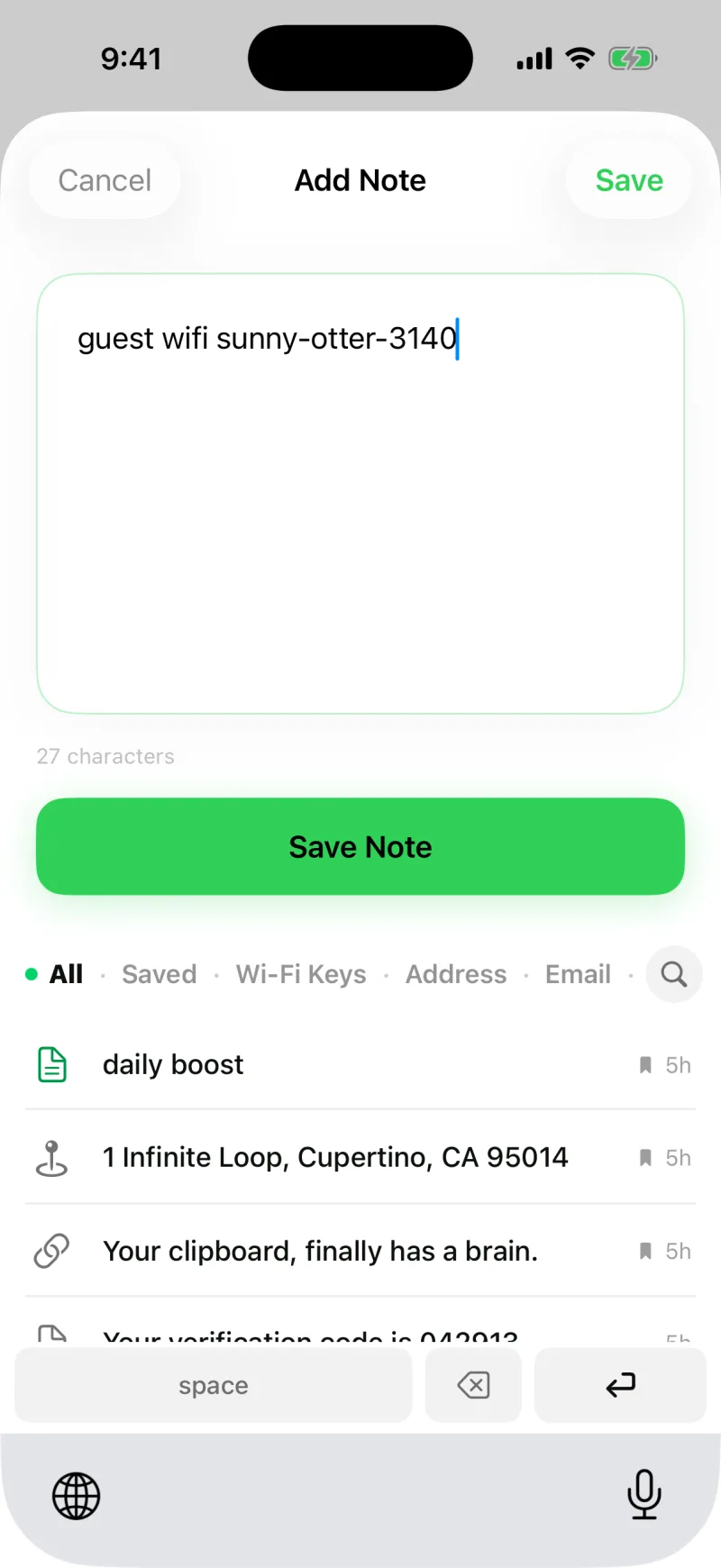 The Add Note sheet with a snippet typed and a Save Note button