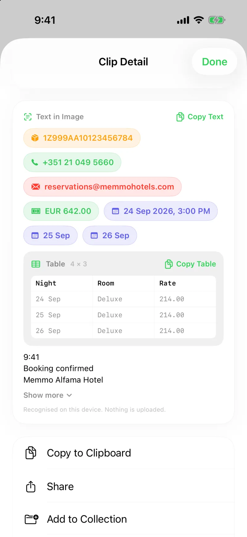 The Text in Image section of a booking screenshot: chips for a tracking number, a phone number, an email address, an amount, and dates, then a 4 by 3 table with a Copy Table button