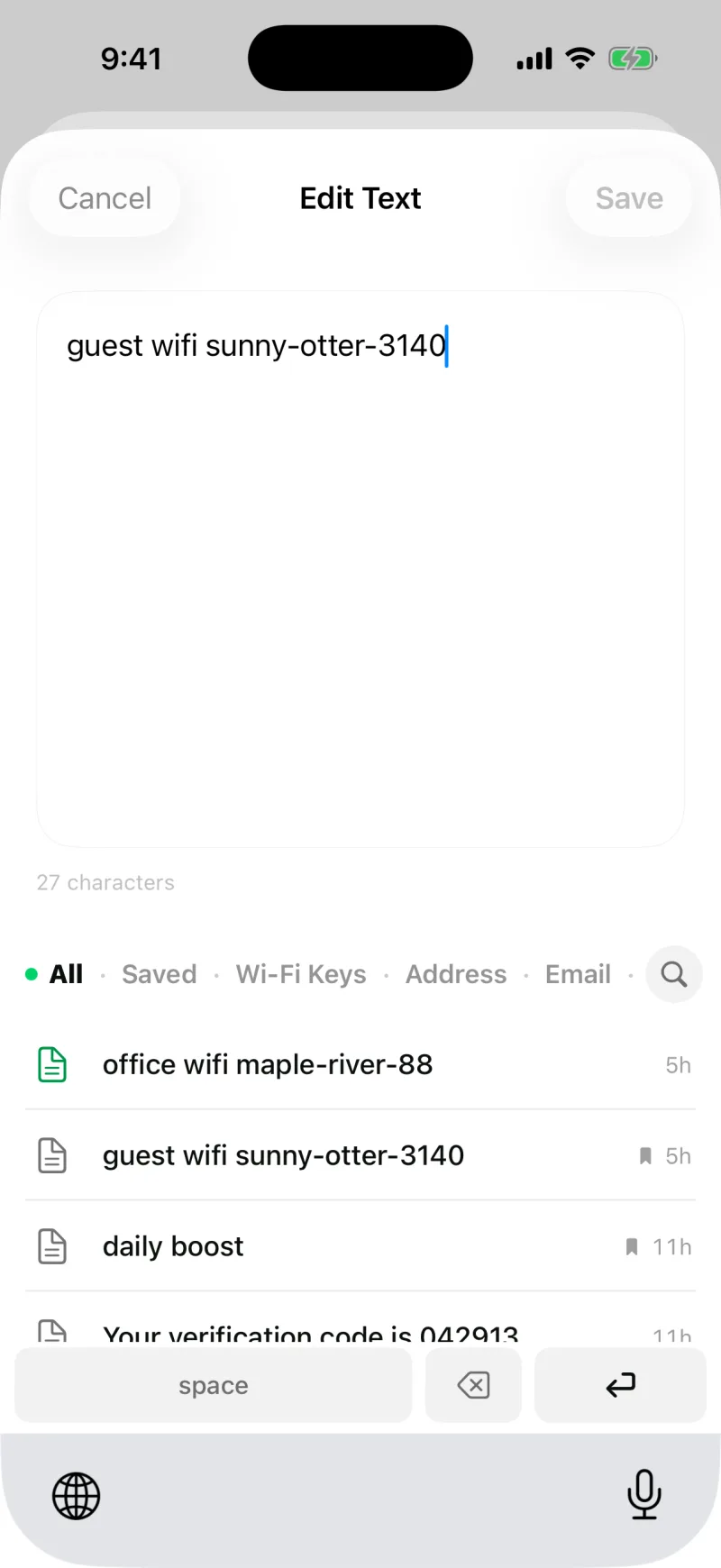 The Edit Text editor with the clip content ready to change and a Save button
