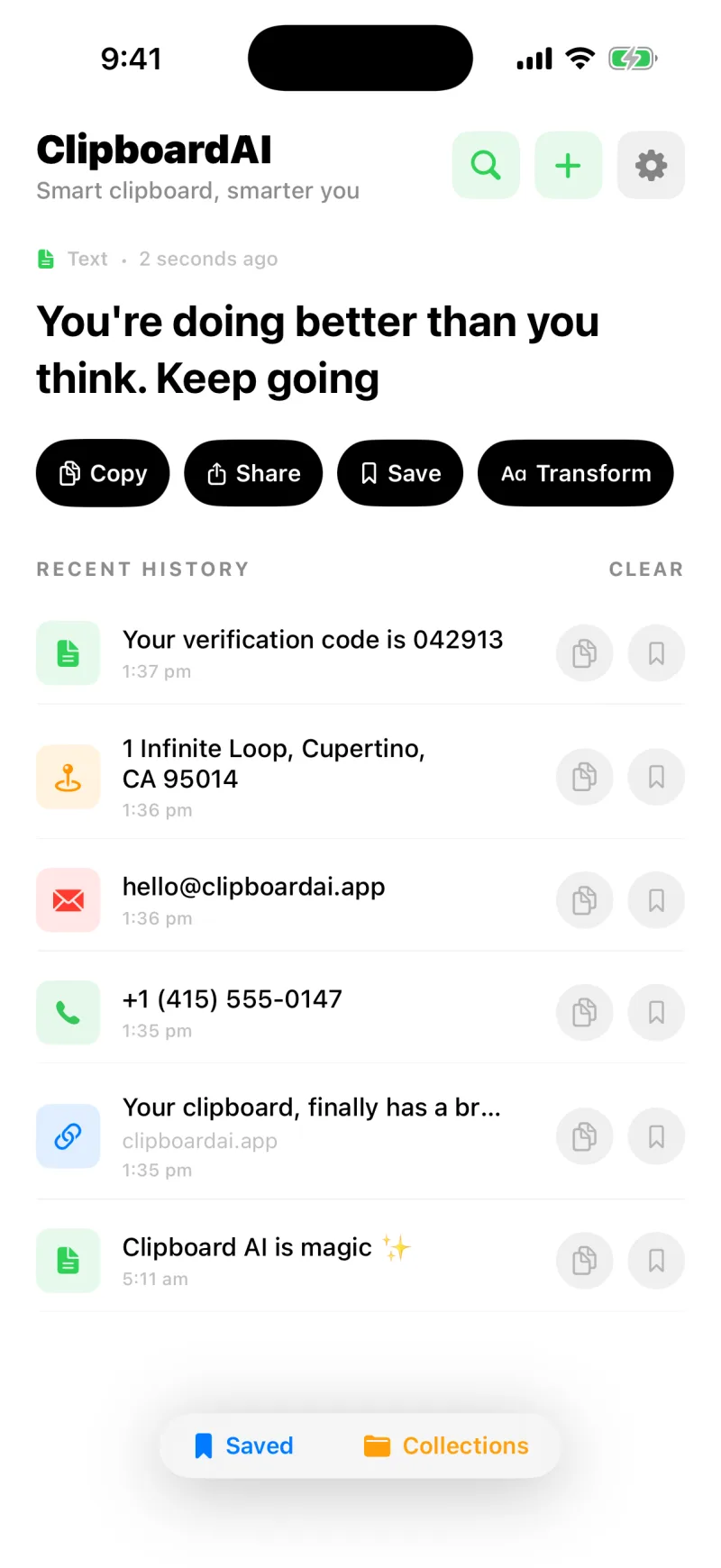 The Clipboard AI home screen showing a recent copy and a tidy history of saved clips