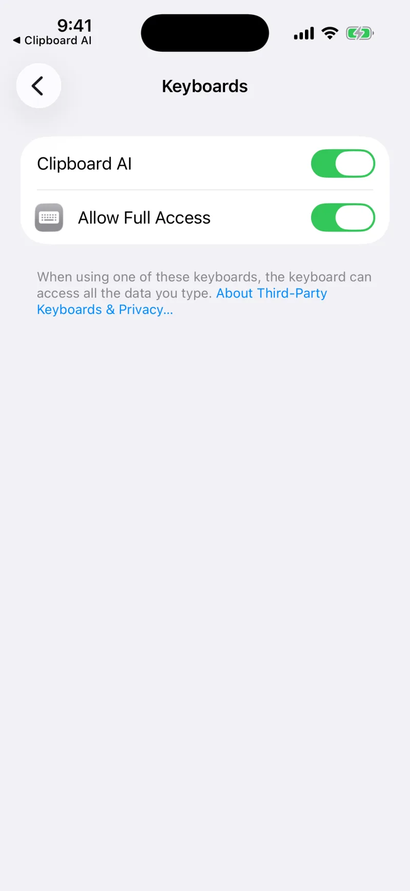 The Keyboards screen with Clipboard AI and Allow Full Access both on