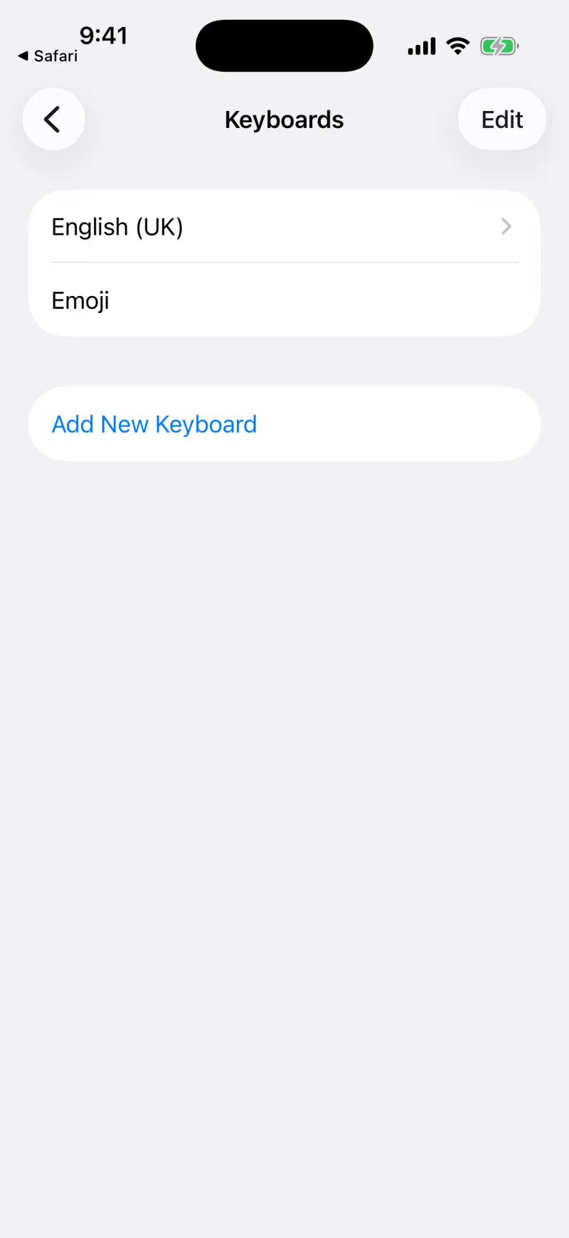 The Keyboards list in iOS Settings with Add New Keyboard highlighted