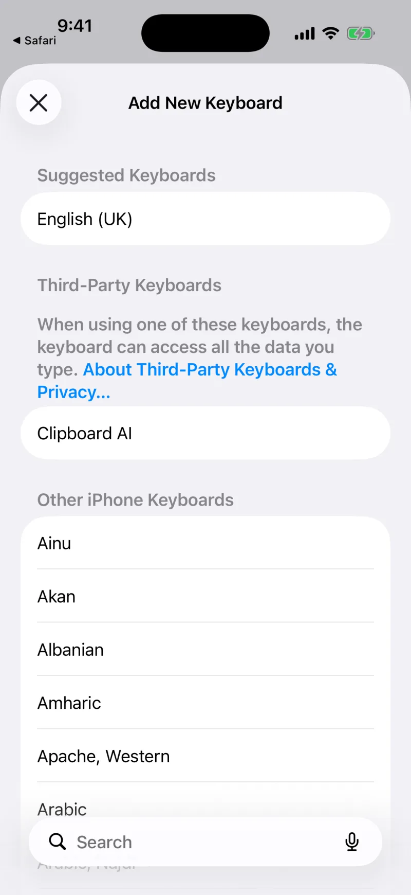 The Add New Keyboard picker with Clipboard AI under Third-Party Keyboards