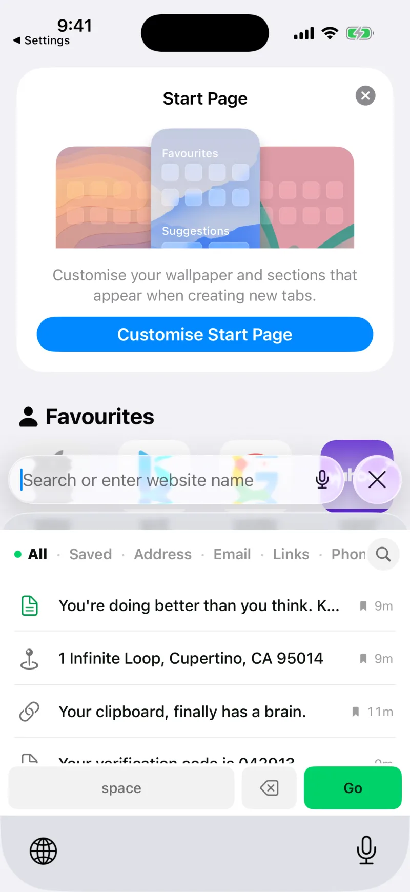 The Clipboard AI keyboard open in another app, with the globe key highlighted