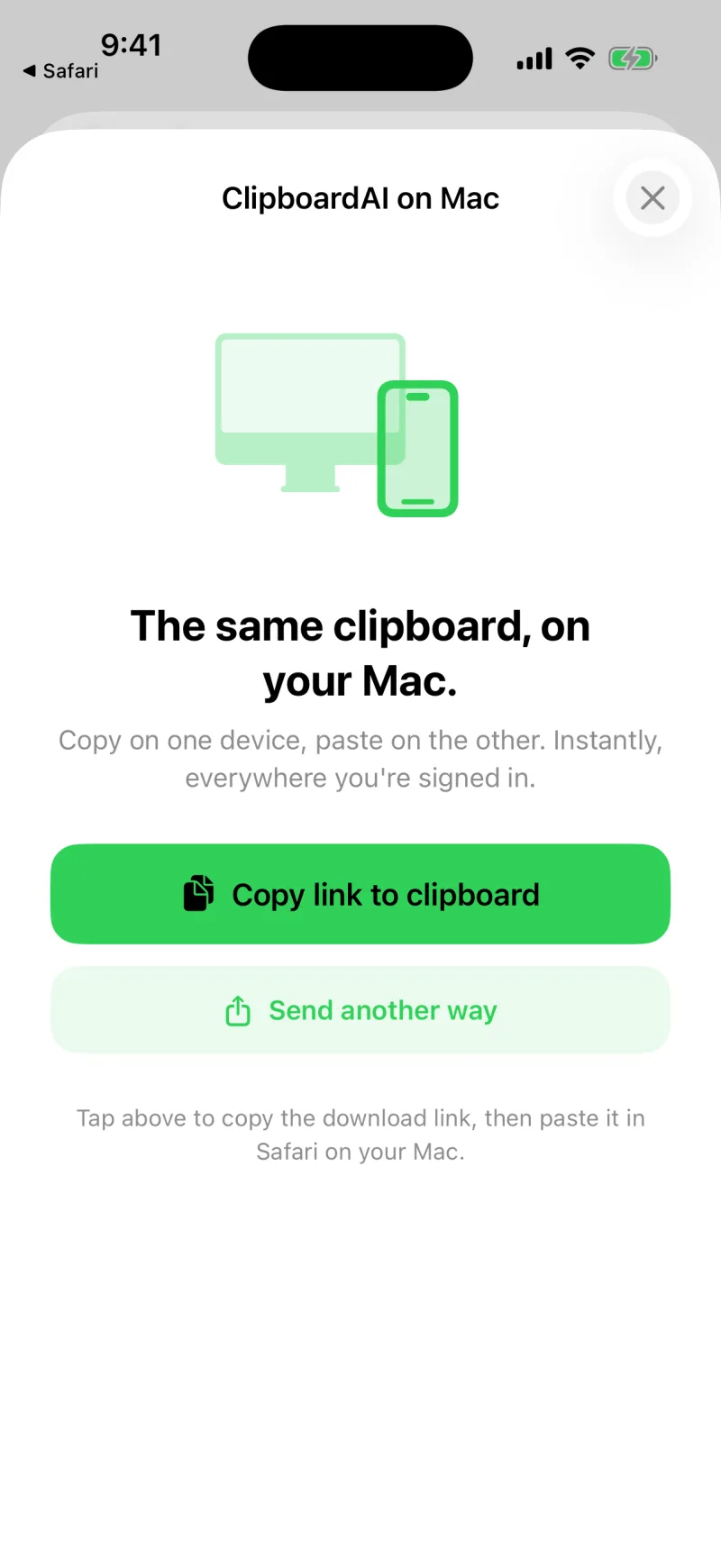 The Get ClipboardAI for Mac sheet with a copy link button