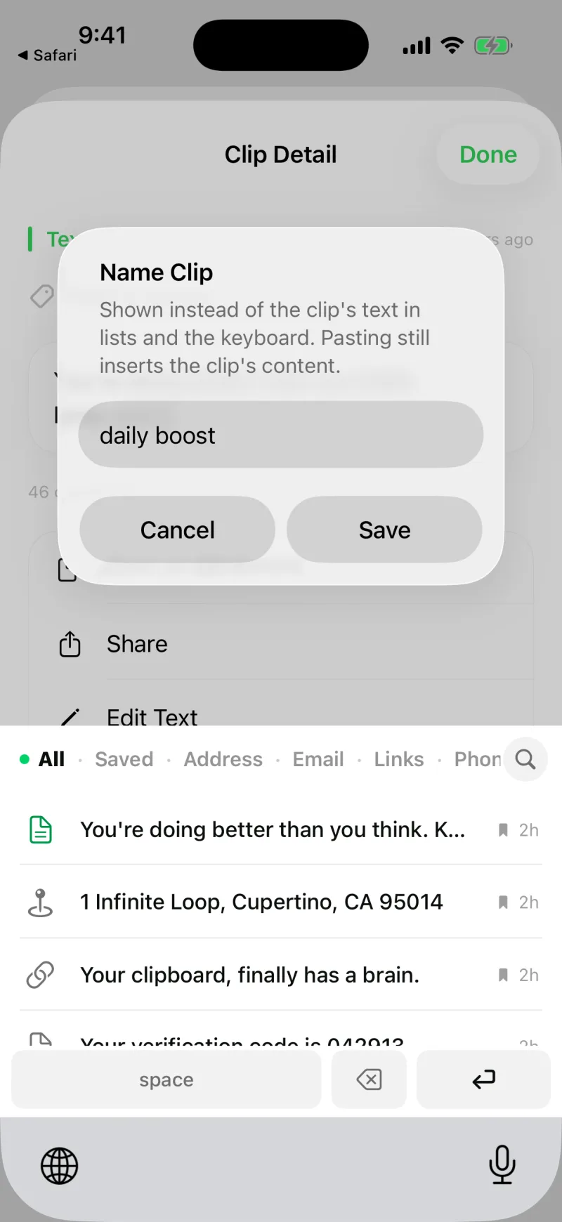 The Name Clip dialog in Clipboard AI with a name being typed