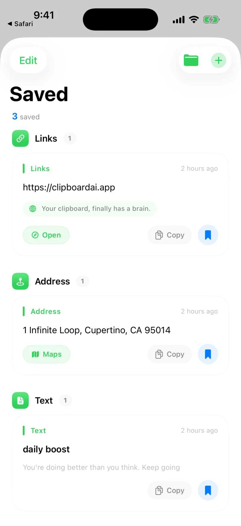 The Saved tab showing the clip listed under its custom name