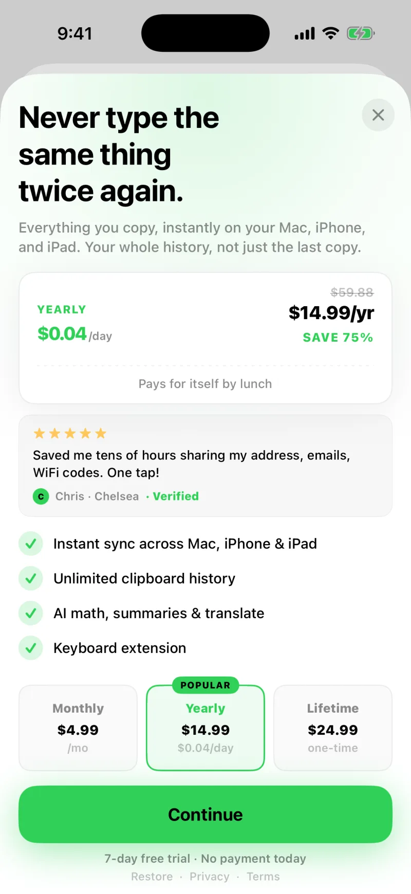 The Clipboard AI Pro screen showing the yearly and lifetime plans