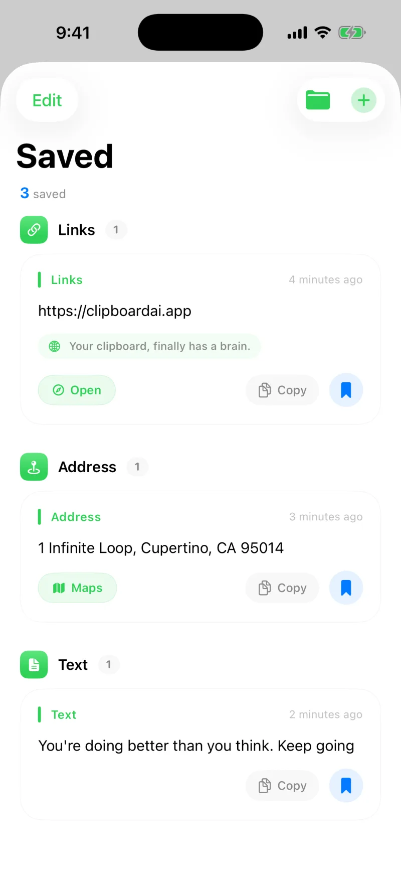 The Saved tab showing pinned clips grouped under Links, Address, and Text