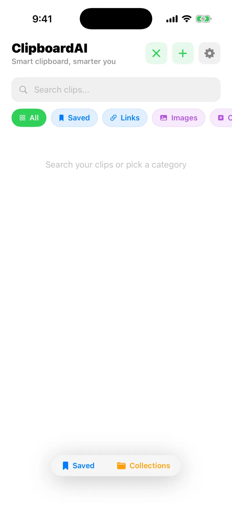 The search screen with category filter chips and a prompt to search