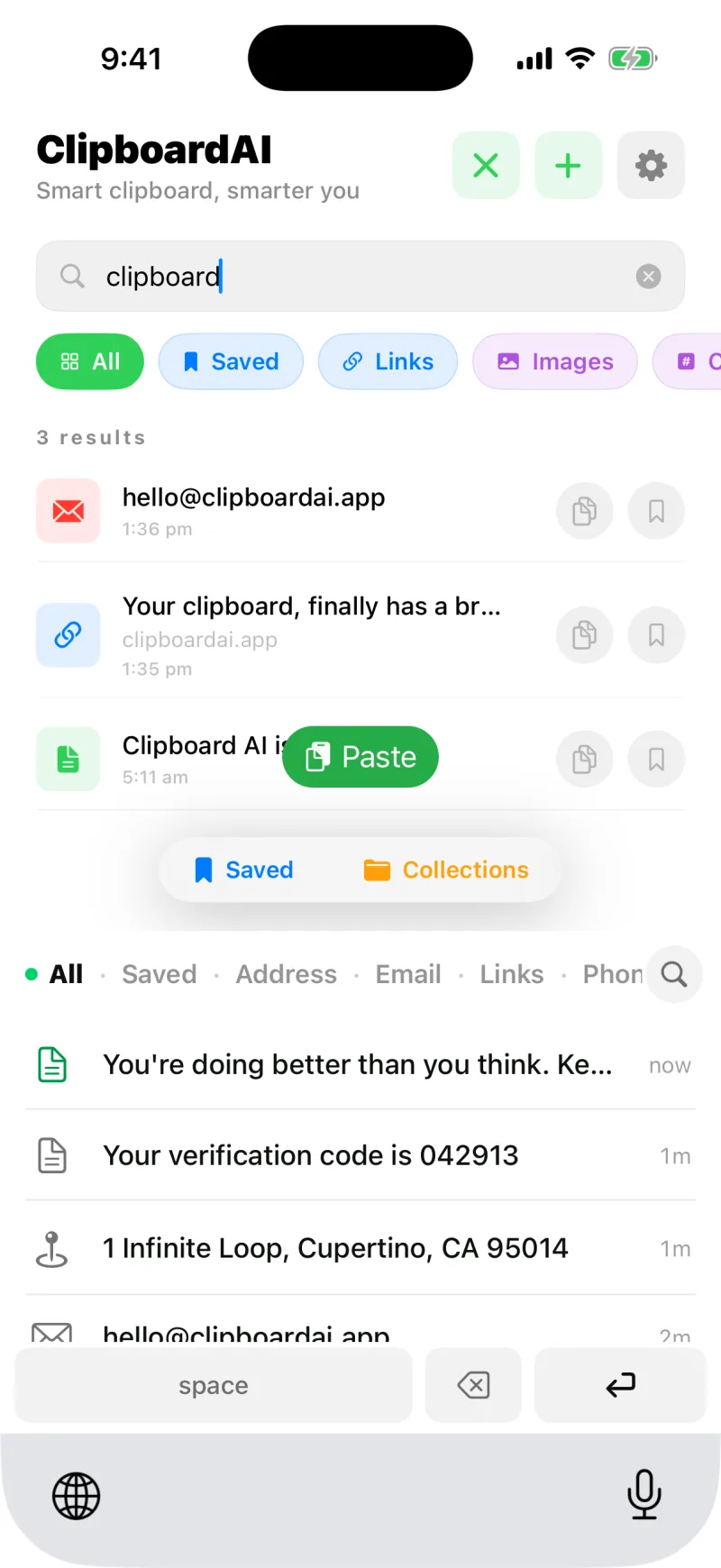 Category chips across the top of search: All, Saved, Links, Images, Codes