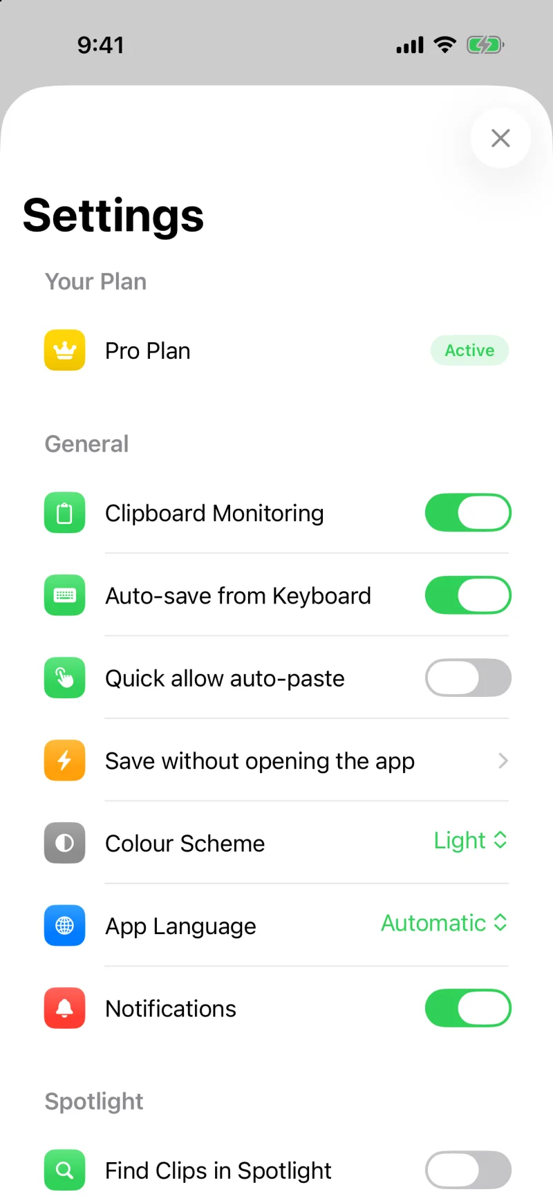 Clipboard AI Settings scrolled to the Spotlight section with the Find Clips in Spotlight switch