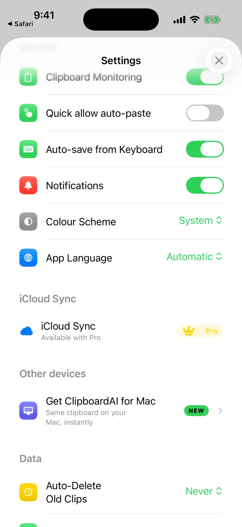 The iCloud Sync section in Clipboard AI Settings
