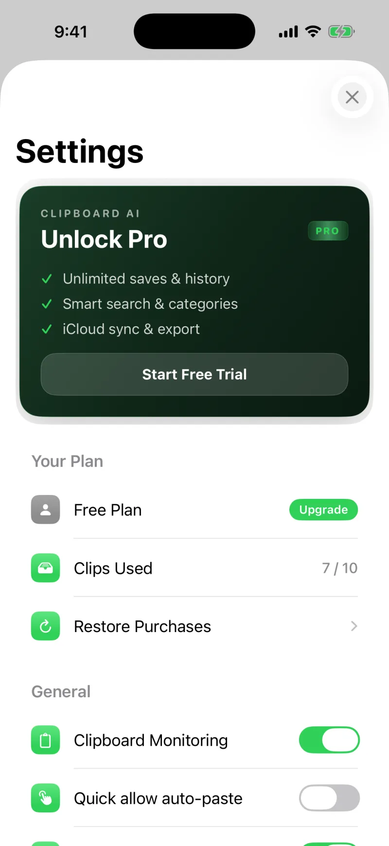Clipboard AI Settings showing the plan and sync options