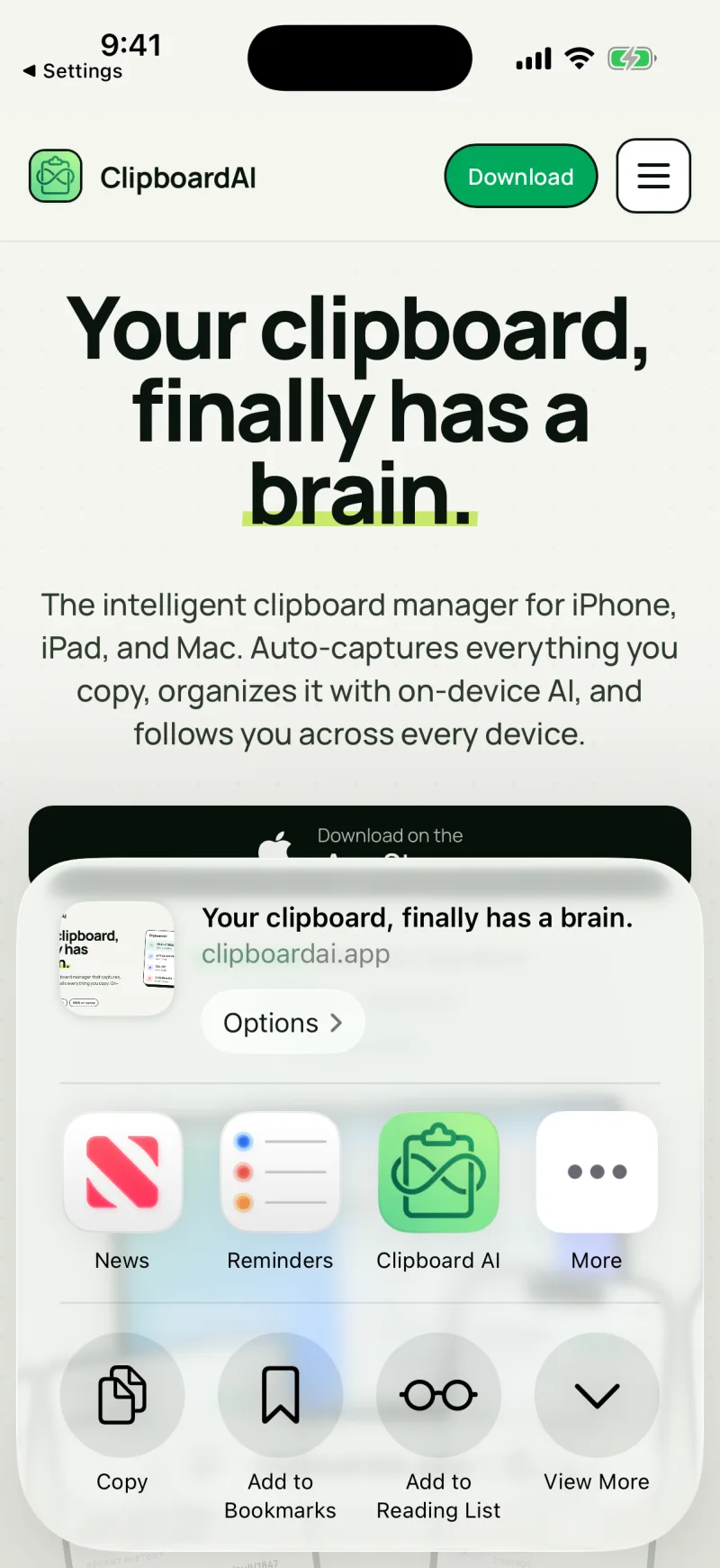 The iOS Share sheet with Clipboard AI highlighted in the row of apps