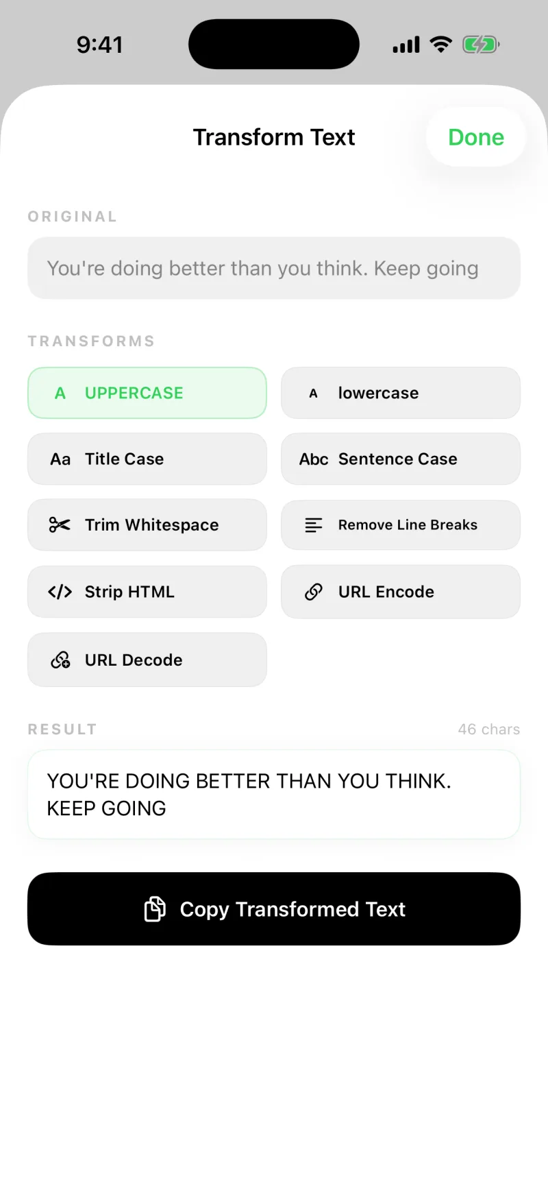 The transformed result shown below, with a Copy Transformed Text button