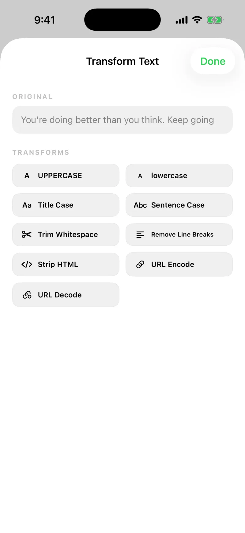 The Transform screen showing the original text and nine transform options