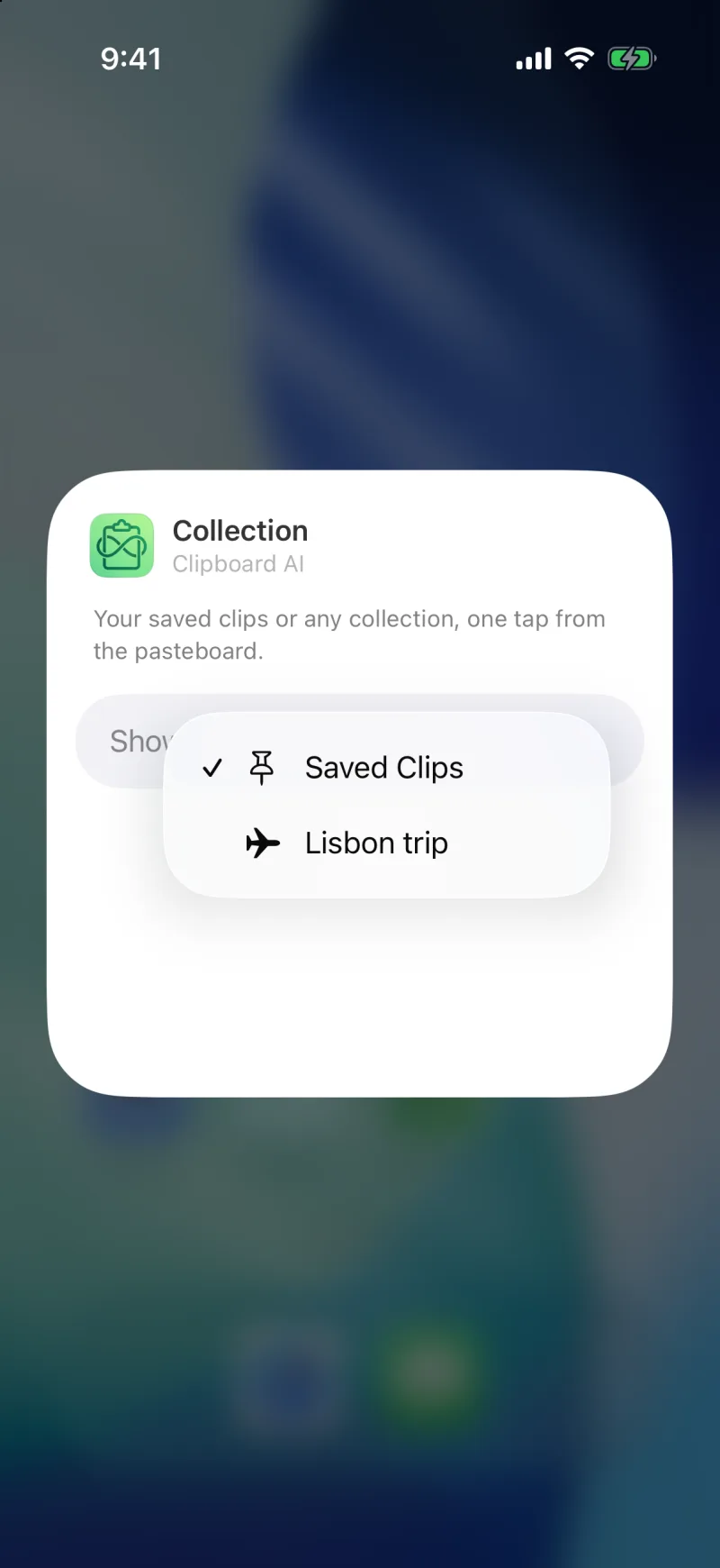 The Edit Widget sheet for the Collection widget, with a Show menu offering Saved Clips and a Lisbon trip collection